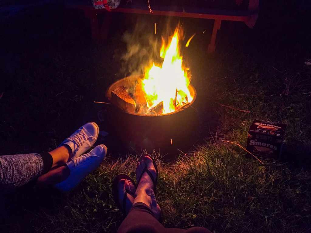 Camping in the Canadian Badlands with smores and a fire pit