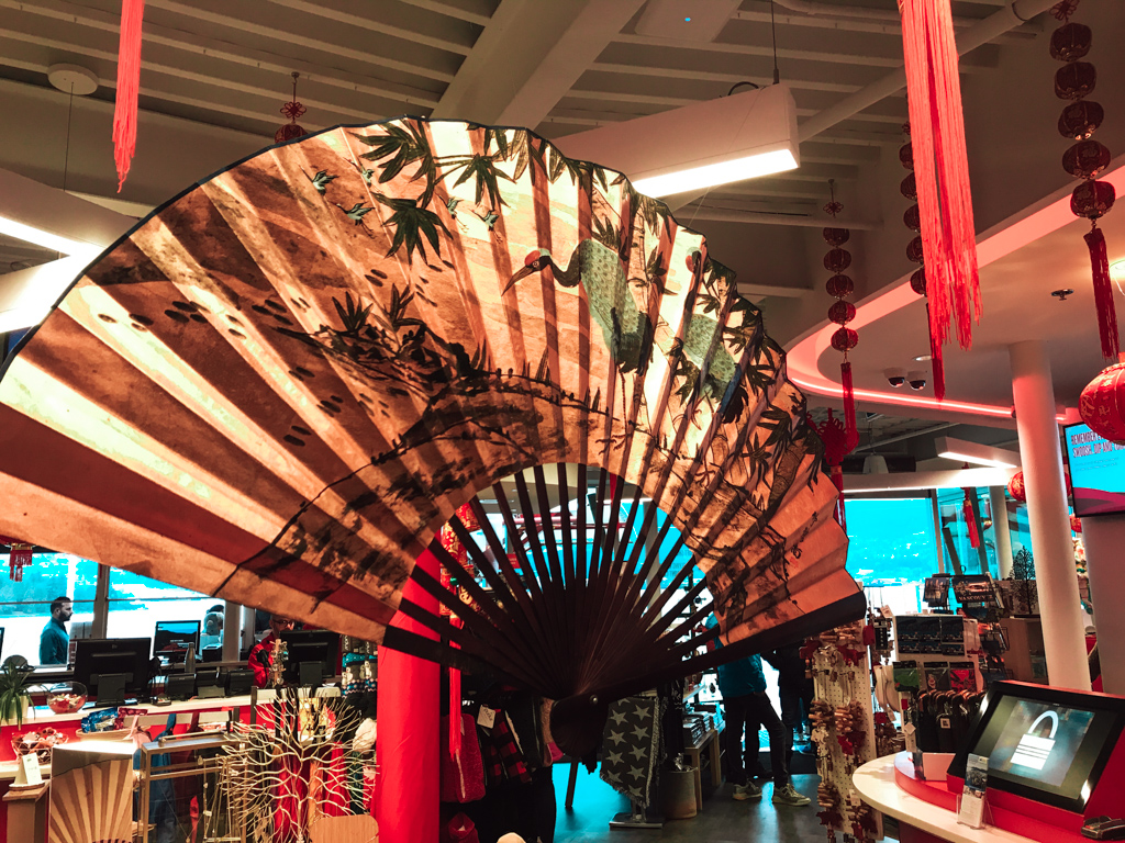 large east asian art fan display in gift shop at flyover canada taiwan